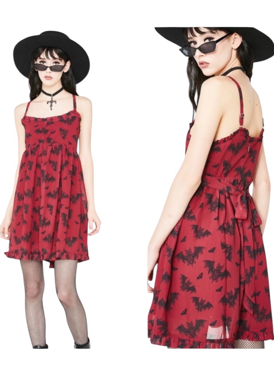 Sourpuss Burgundy And Black Bat Attack Dolly Babydoll Dress Ruffle Hem